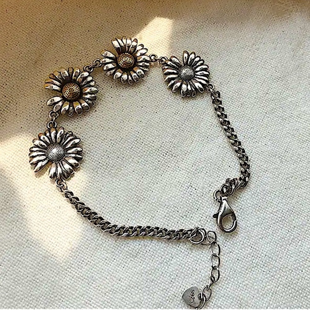 Sterling Silver Sunflower Chain Link Minimalist Bracelet - Picture 2 of 5